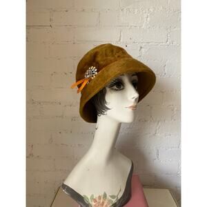 vintage 1960s mod fuzzy rust bucket hat wide brim rhinestones 60s fashion mcm